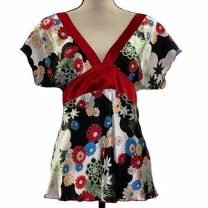 ESTAM Red Floral V-Neck Blouse Size Large